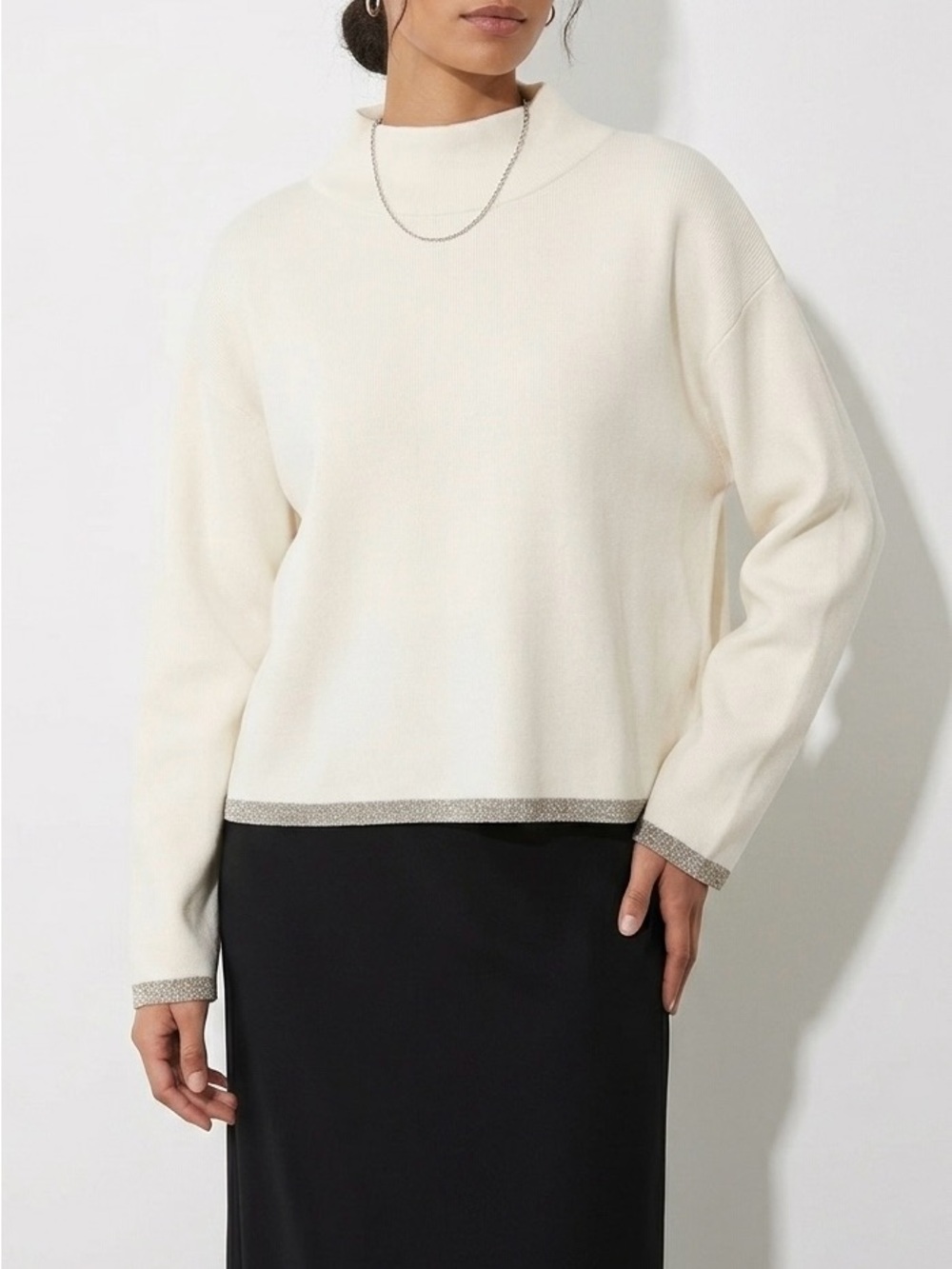 Maeve Anthropologie Carys Metallic Trim Mock Neck Sweater M Ivory Elevated Basic